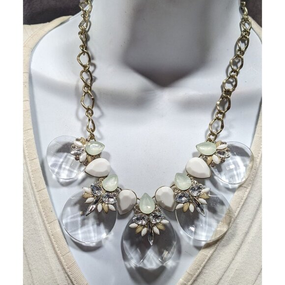 Chunky Glam White And Clear Gemmed Statement Necklace - Picture 1 of 6